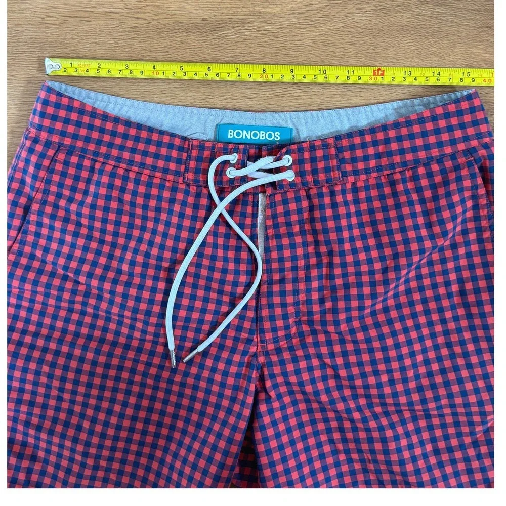 Bonobos Mens Gingham Swim Trunks Red Blue Plaid Board Shorts 7 Inch Inseam 32W
